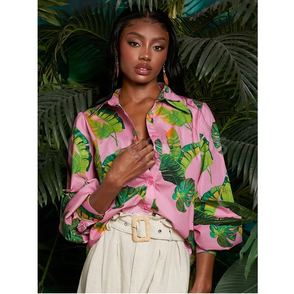 Cotton Leaf Tropical Print Pink Green Oversized Shirt Lantern Sleeve Button - Picture 4 of 10
